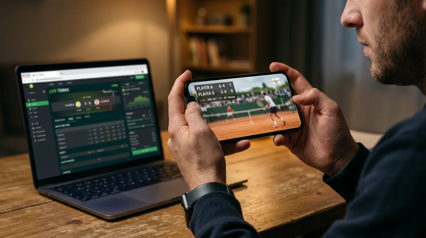 Tennisscorebord tijdens een live wedstrijd met veranderende quoteringen op een laptop