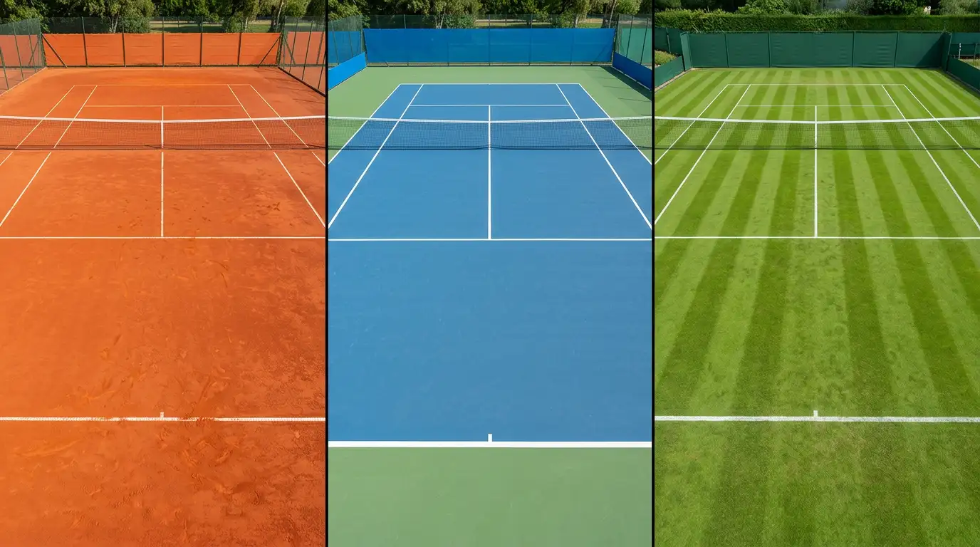 Drie tennisbanen naast elkaar: gravel, hardcourt en gras met zichtbare oppervlakteverschillen